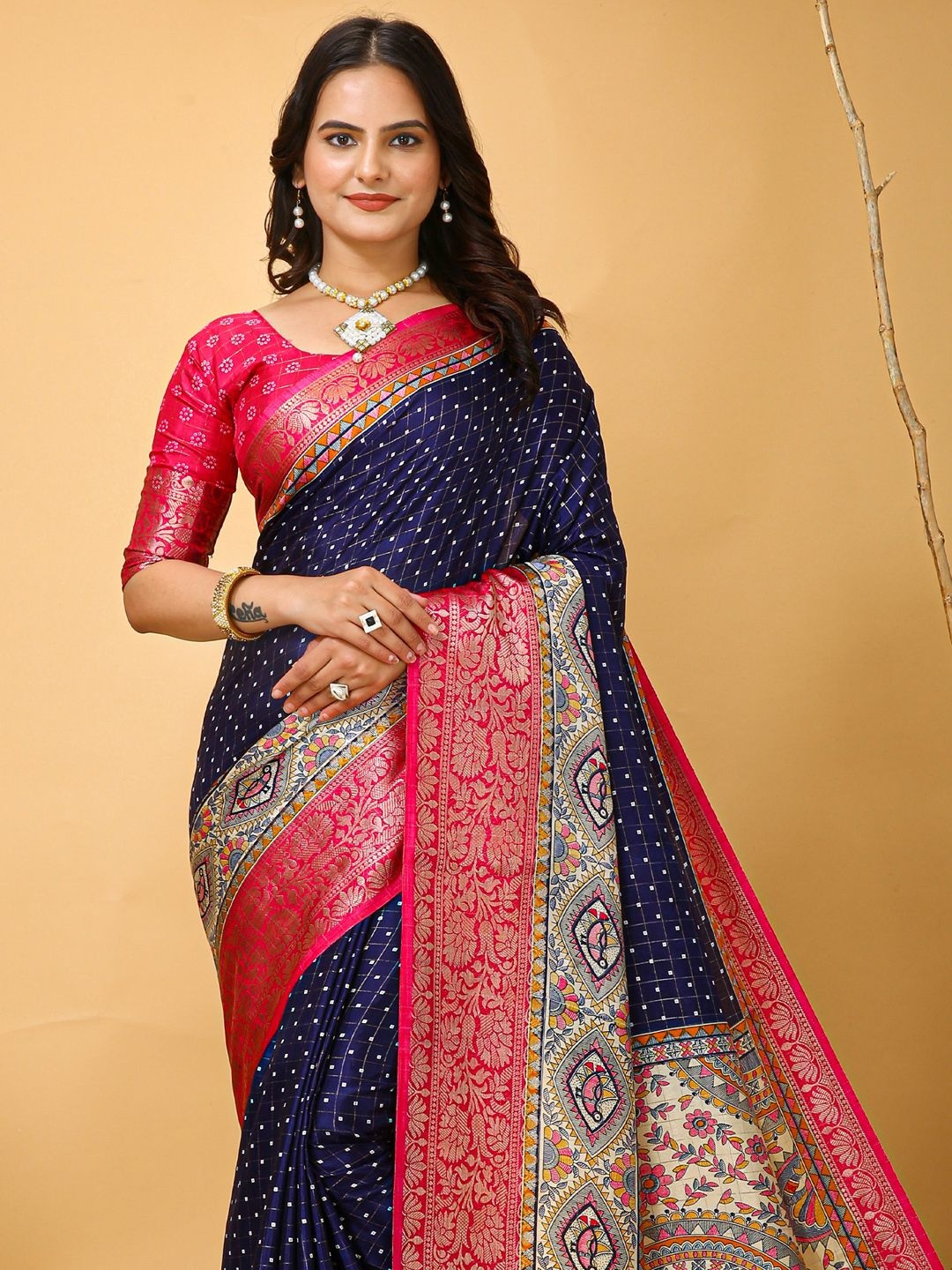 

KALINI Ethnic Motifs Zari Silk Blend Sungudi Saree, Navy blue