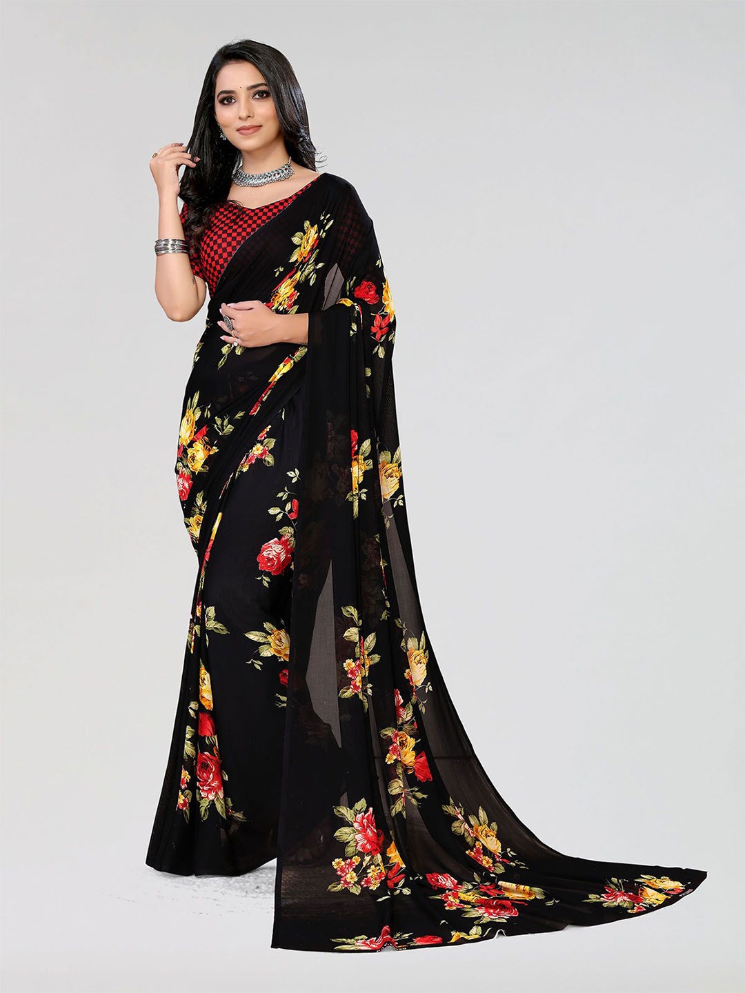 

Moda Rapido Floral Printed Saree, Black