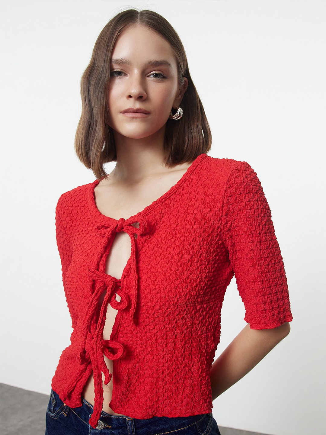 

Trendyol Polka Dot Print Tie-Up Neck Top, Na