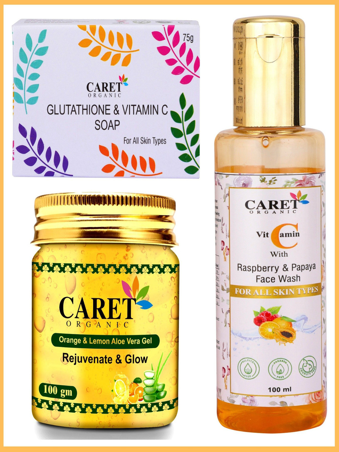 

CARET ORGANIC Set Of 3 Glutathione Soap, Orange Aloevera Gel & Vitamin C Face Wash, Multi