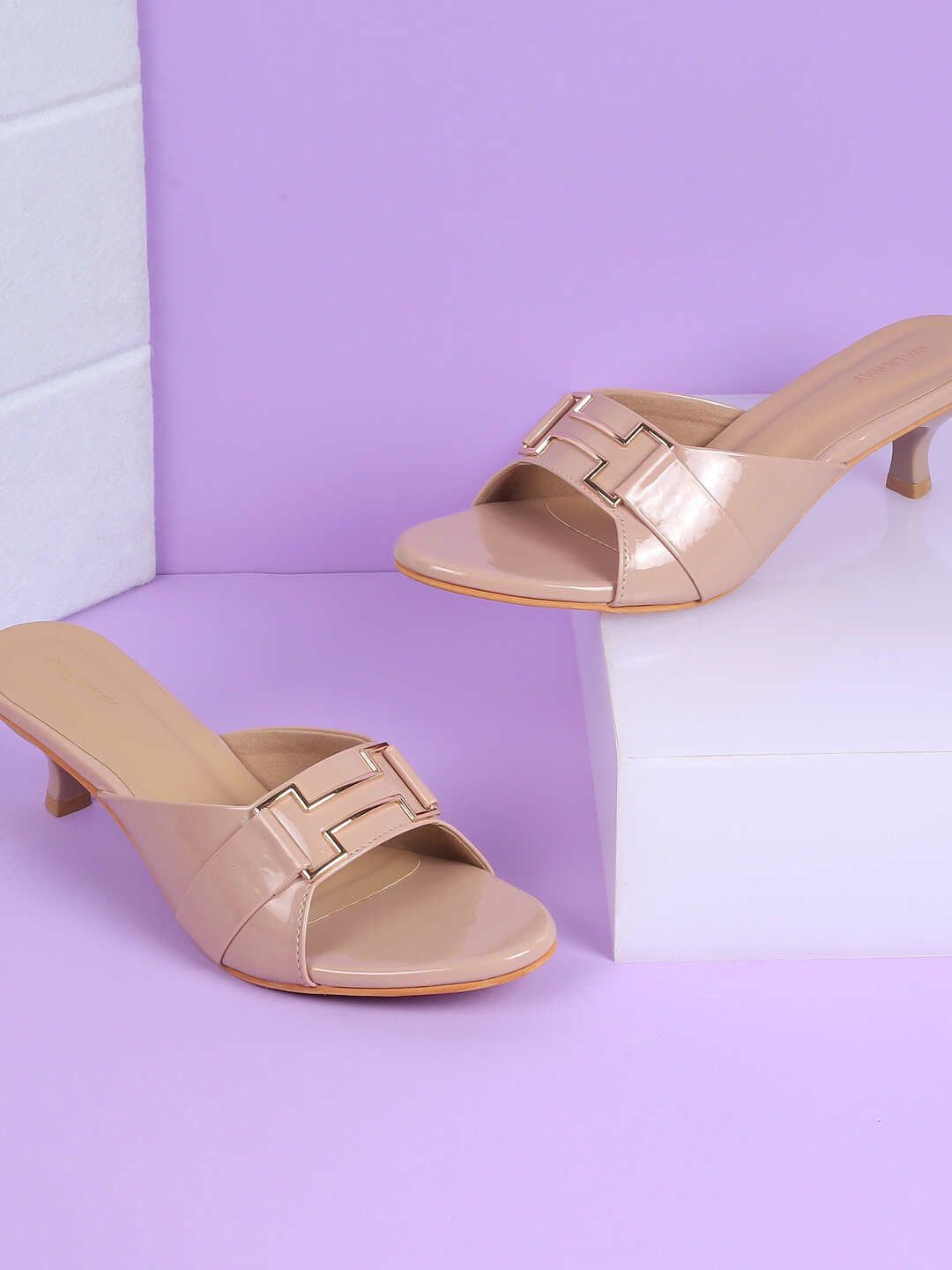 

WALKWAY by Metro Embellished Kitten Mules with Buckles, Beige