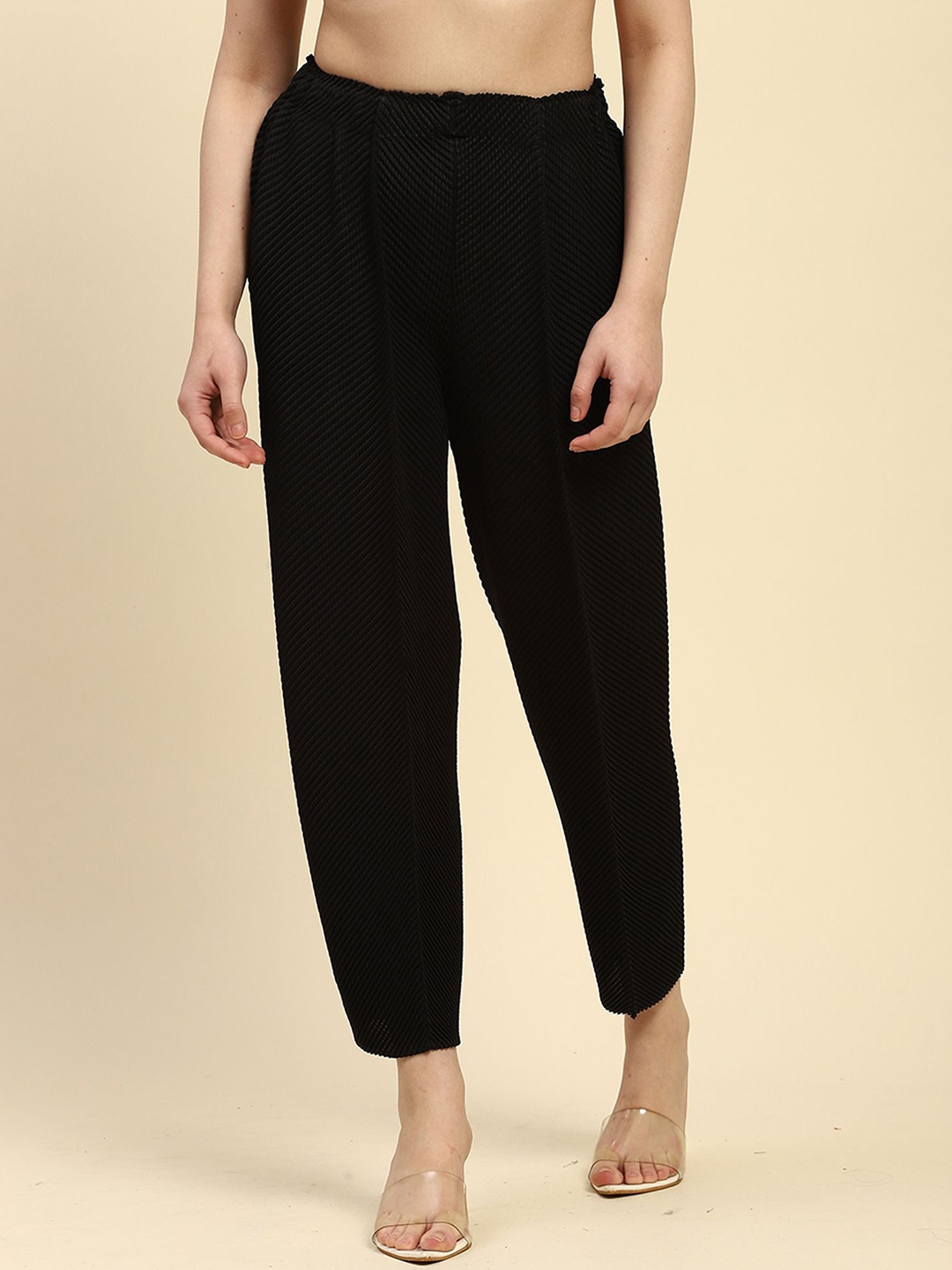 

Global Republic Women Striped High-Rise Pleated Trousers, Black