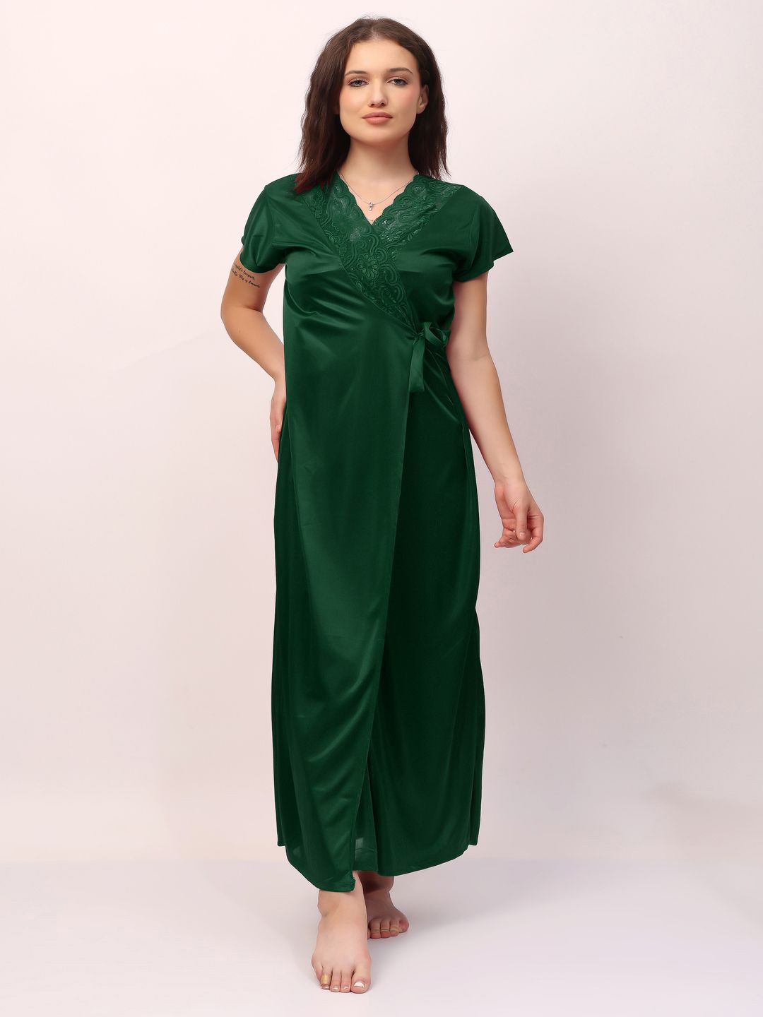 

CHUI MUI Women Pack of 2 Satin Maxi Nightdress with Robe, Green