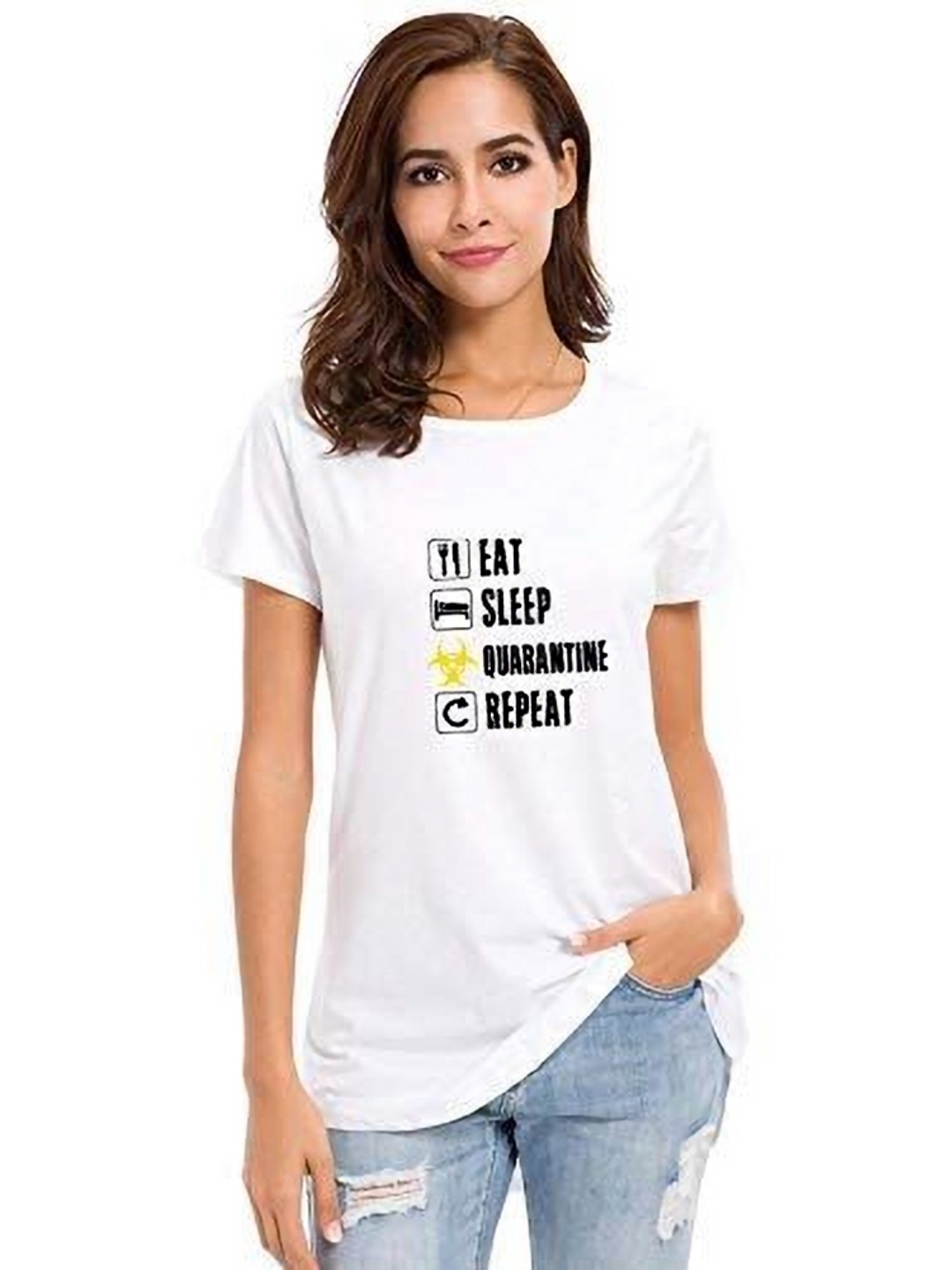 

VLAM Women Typography Printed Extended Sleeves Raw Edge T-shirt, White