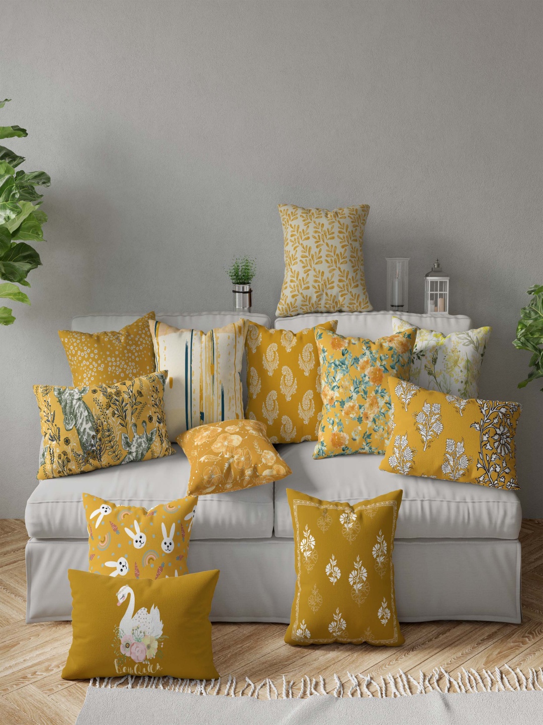 

Vargottam Yellow Set of 5 Floral Square Cushion Covers