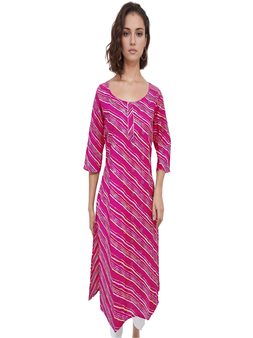 

RAYINVENT Leheriya Printed Round Neck Gotta Patti Pure Cotton Straight Kurtas, Pink