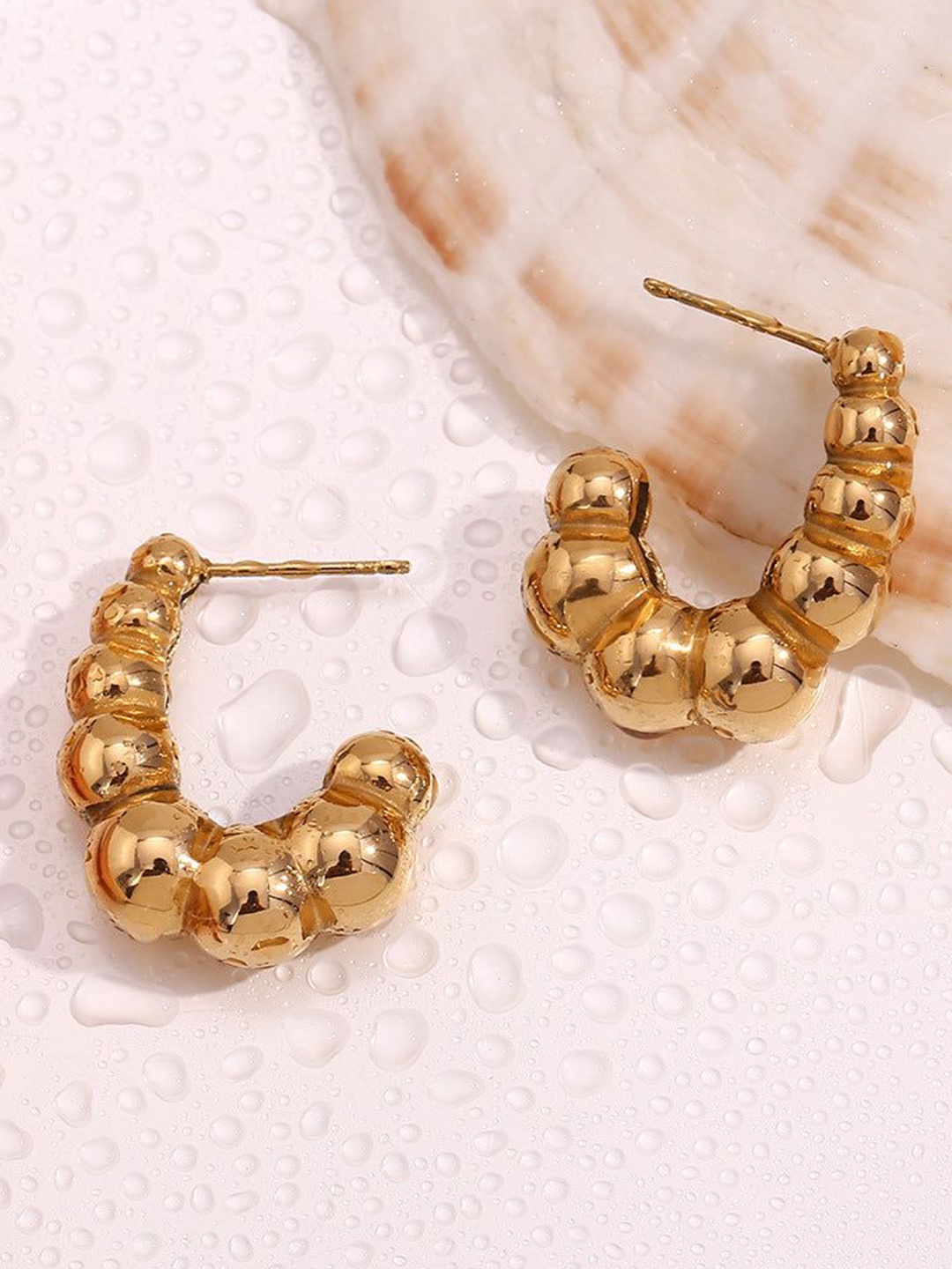 

PALMONAS 18KT Gold Plated Stainless Steel Seashell Contemporary Half Hoop Earrings