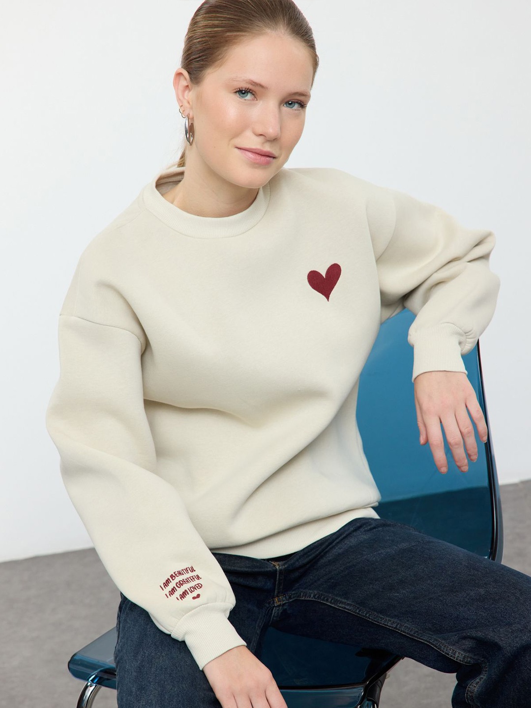 

Trendyol Women Round Neck Pullover Sweatshirt, Beige