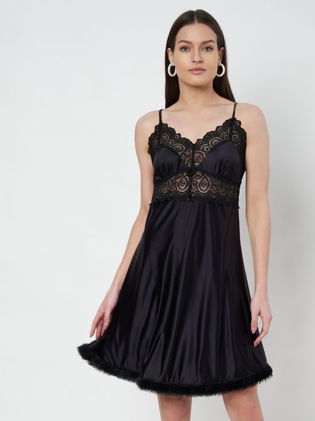 

KOI SLEEPWEAR Women Lace Satin Nightdress, Black