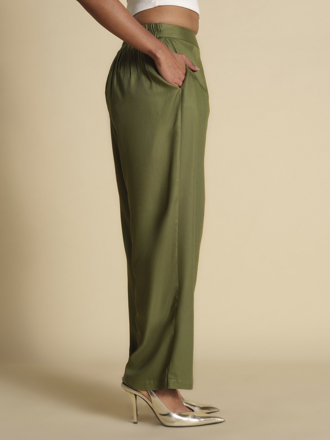 

Global Desi Women Pleated Trousers, Green