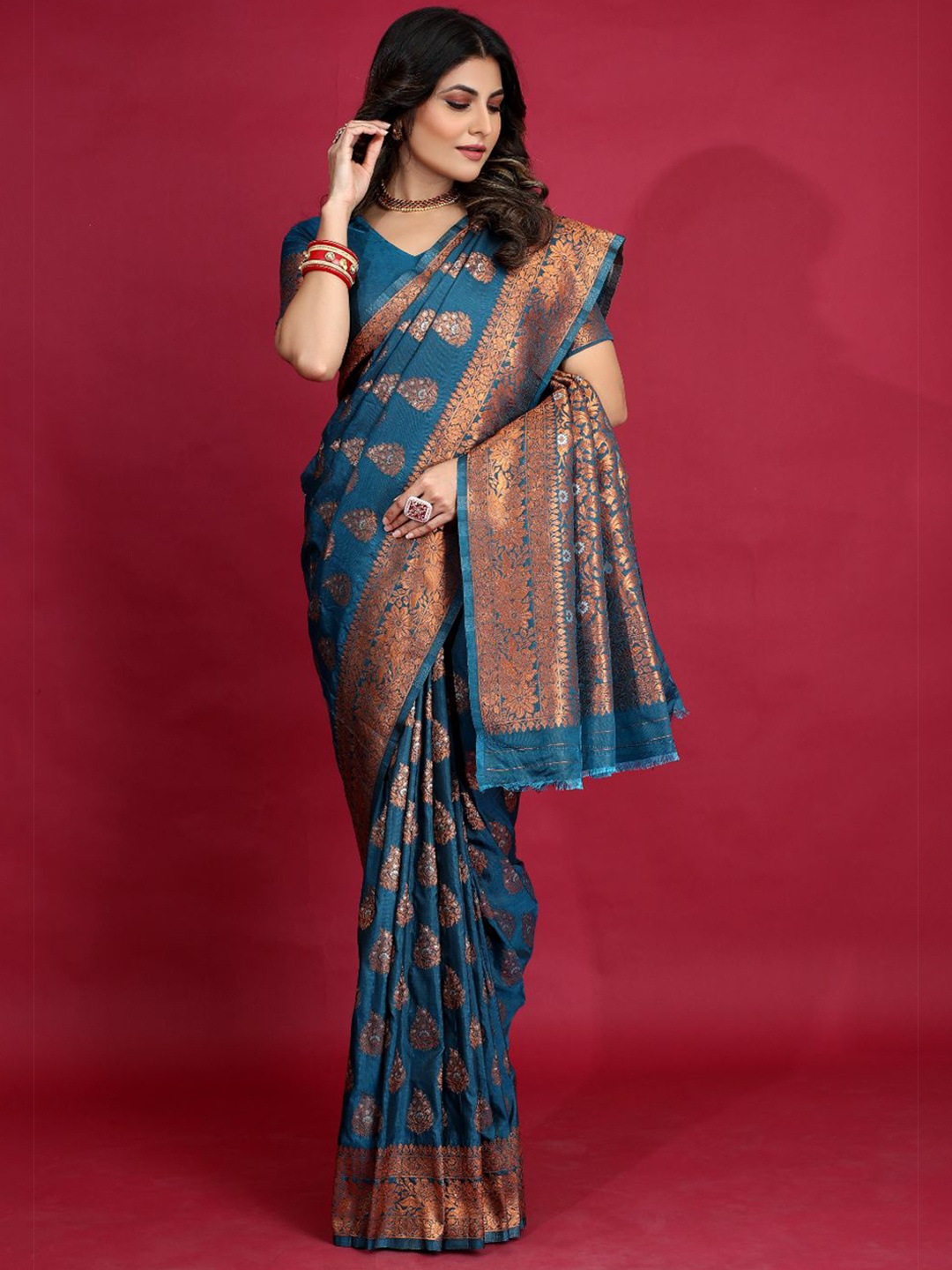 

amirat Woven Design Zari Pure Silk Banarasi Saree, Teal