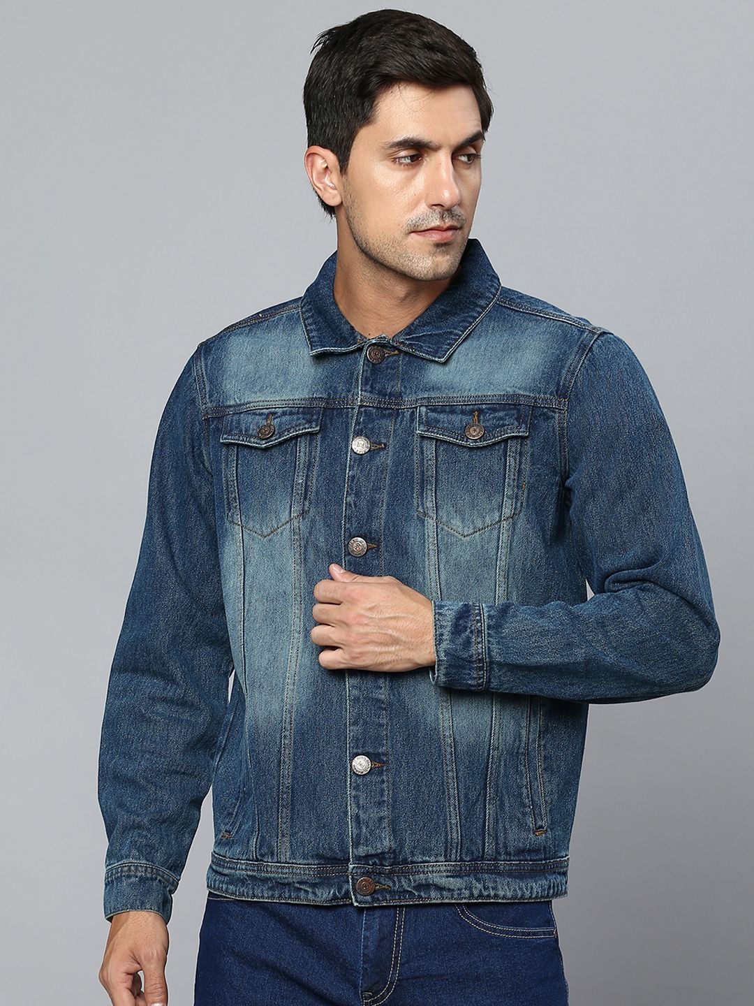 

High Star Men Spread Collar Washed Solid Cotton Casual Denim Jacket, Blue