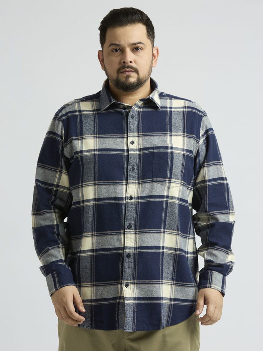 

Sizeupp Men Plus Size Standard Oversized Fit Tartan Checked Cotton Formal Shirt, Navy blue