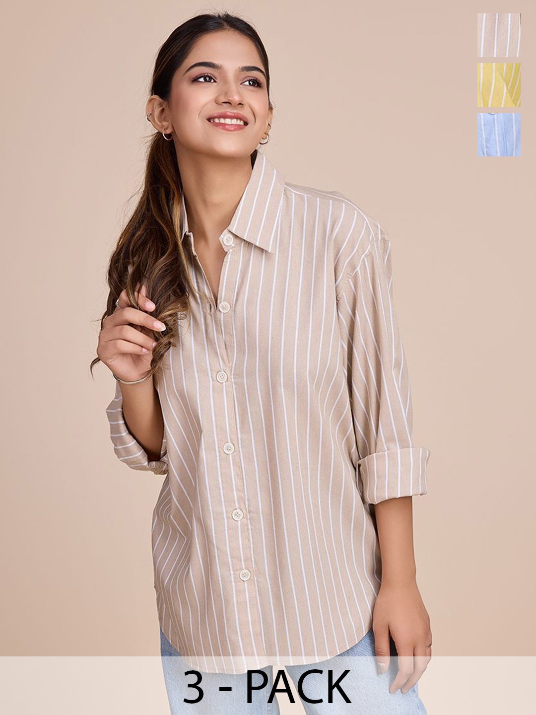 

HOUSE OF MIRA Women Pack Of 3 Classic Oversized Fit Vertical Striped Cotton Casual Shirts, Beige