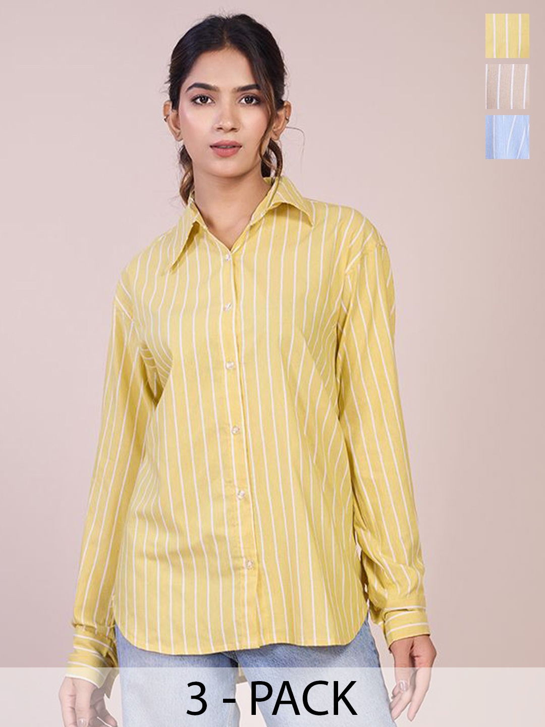 

HOUSE OF MIRA Women Pack Of 3 Classic Oversized Fit Vertical Striped Cotton Casual Shirts, Yellow