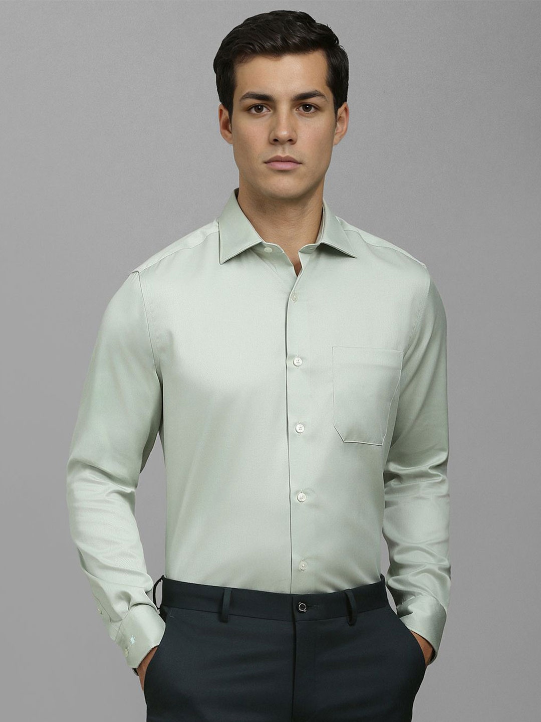 

Louis Philippe Men Classic Slim Fit Spread Collar Solid Cotton Formal Shirt, Green