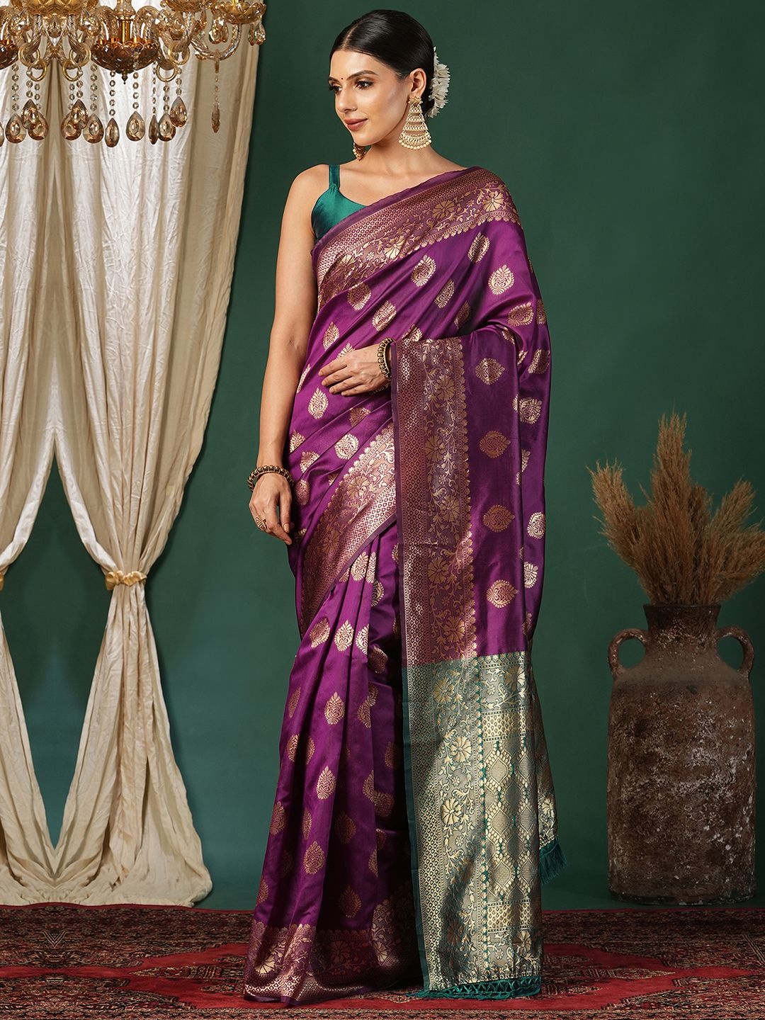 

KALINI Ethnic Motifs Zari Banarasi Saree, Purple