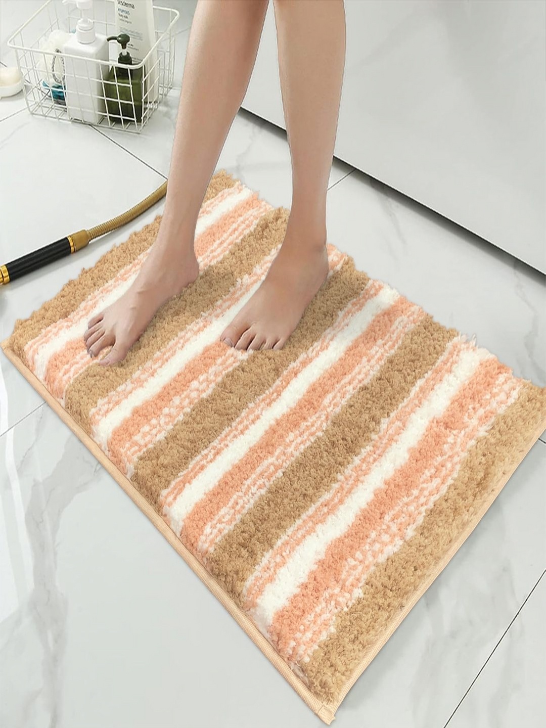 

LUXEHOME INTERNATIONAL Capetown Beige Striped Microfiber 1780 GSM Anti-Slip Bath Rug
