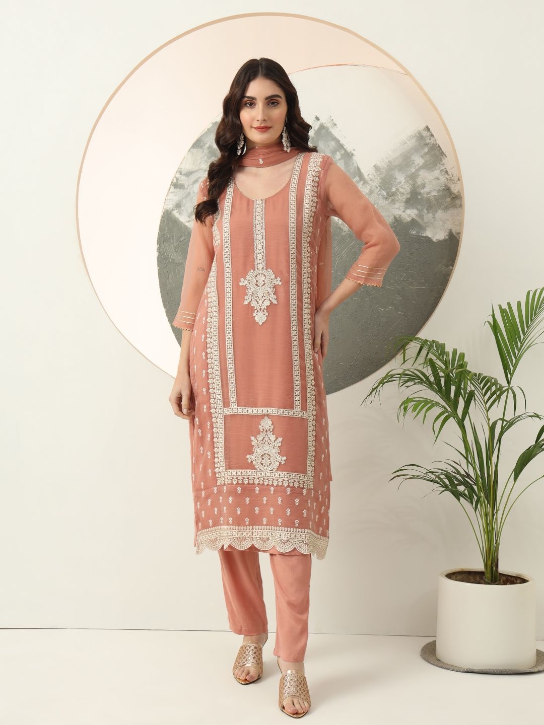 

Yufta Floral Embroidered Poly Chiffon Straight Kurta With Trousers And Dupatta, Rust