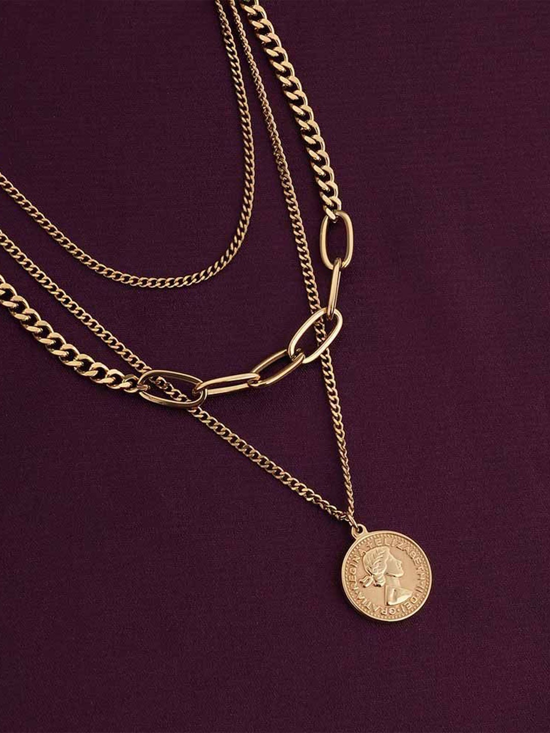 

PALMONAS 18K Gold-Plated Stainless Steel Penny Elizabeth Three Layered Necklace