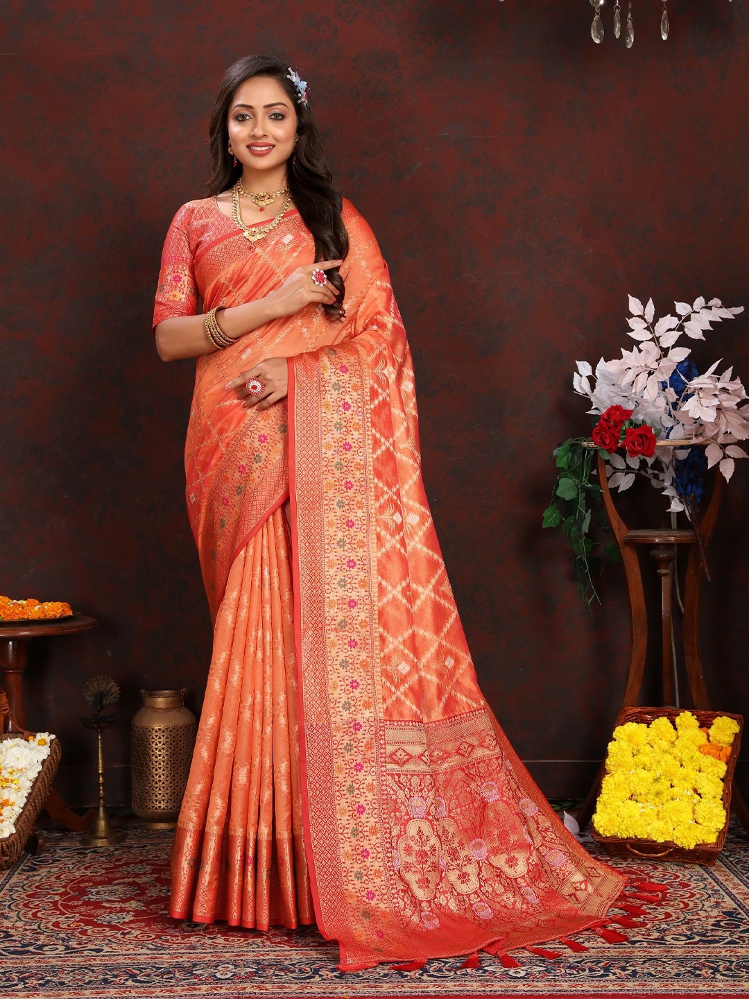 

LeeliPeeri Designer Woven Design Zari Silk Blend Saree, Orange