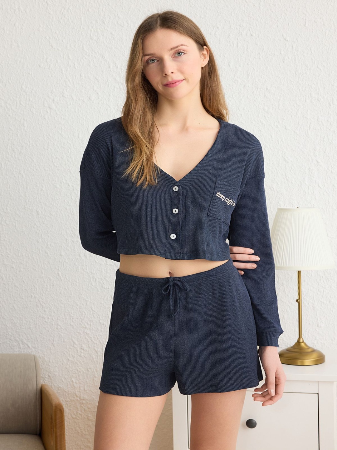 

Trendyol Women V-Neck Night suit, Navy blue
