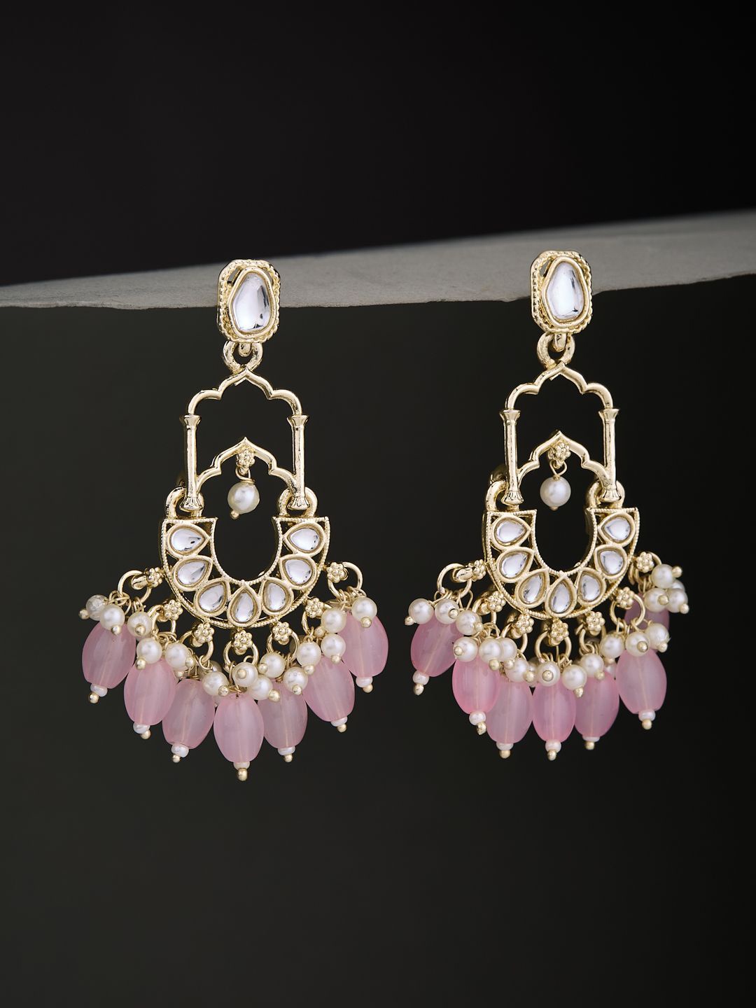 

Atibelle Contemporary Shaped Gold Plated Pink Kundan Stone Studded Classic Chandbalis, White