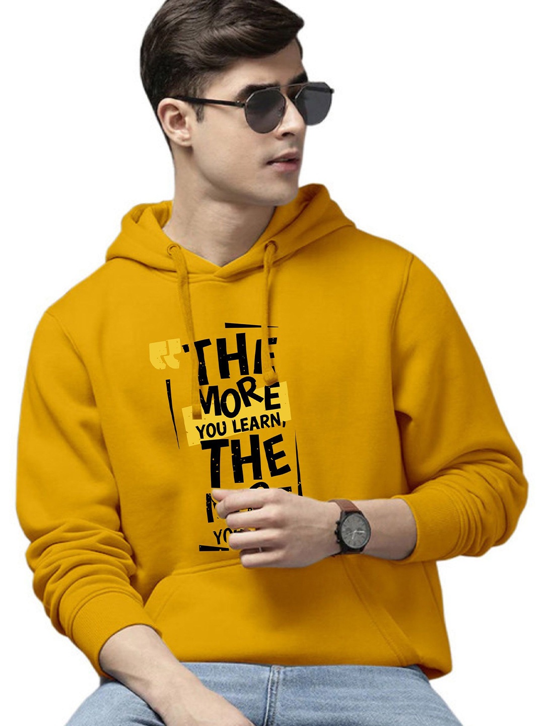 

WOOSTRO Men Printed Hooded Sweatshirt, Mustard