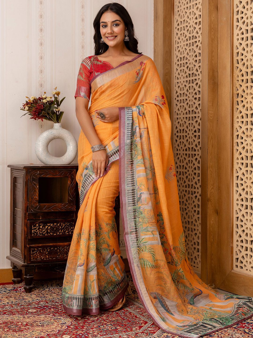 

KALINI Ethnic Motifs Printed Zari Saree, Orange