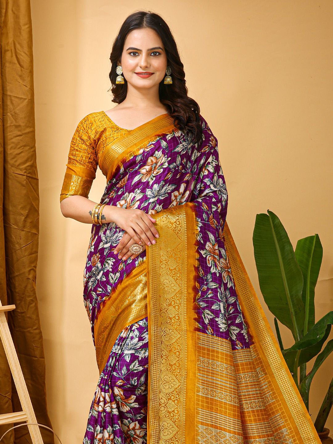 

KALINI Floral Printed Sungudi Saree, Magenta