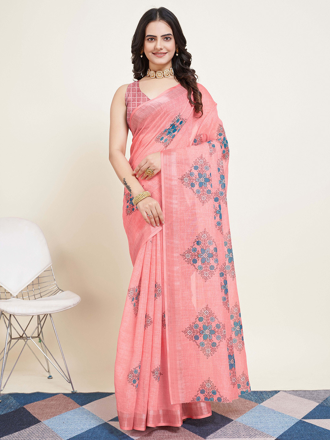 

KSM PRINTS Floral Printed Saree, Peach