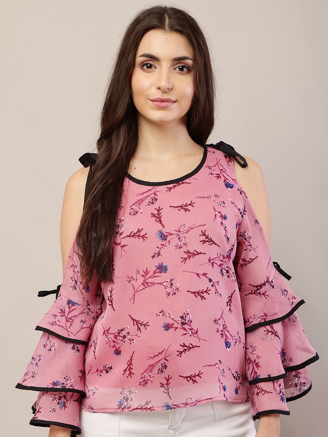 

Raabta Fashion Floral Print Cold-Shoulder Georgette Top, Pink