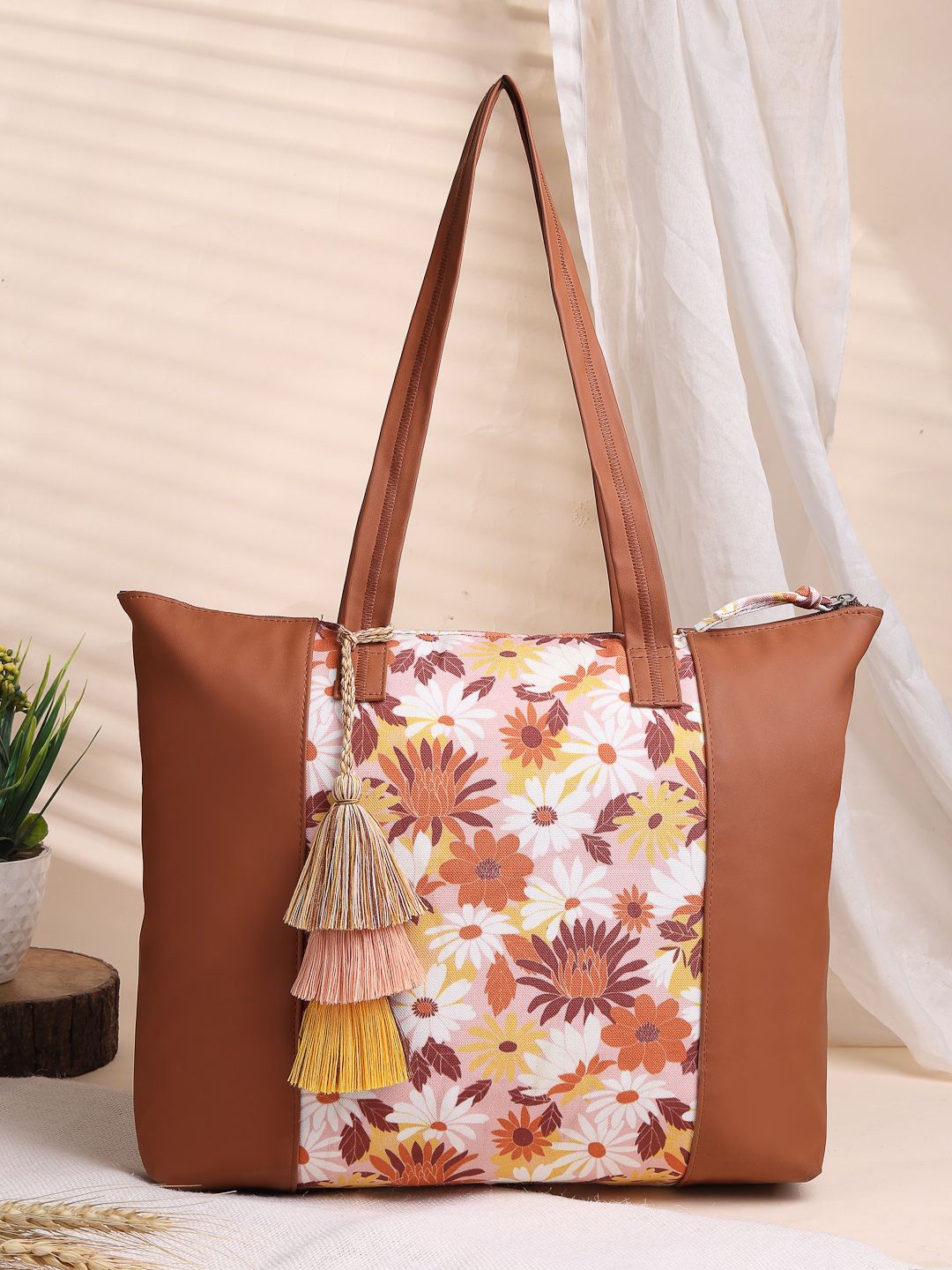 

Anekaant Floral Printed Tasselled Detail Shopper Tote Bag, Tan