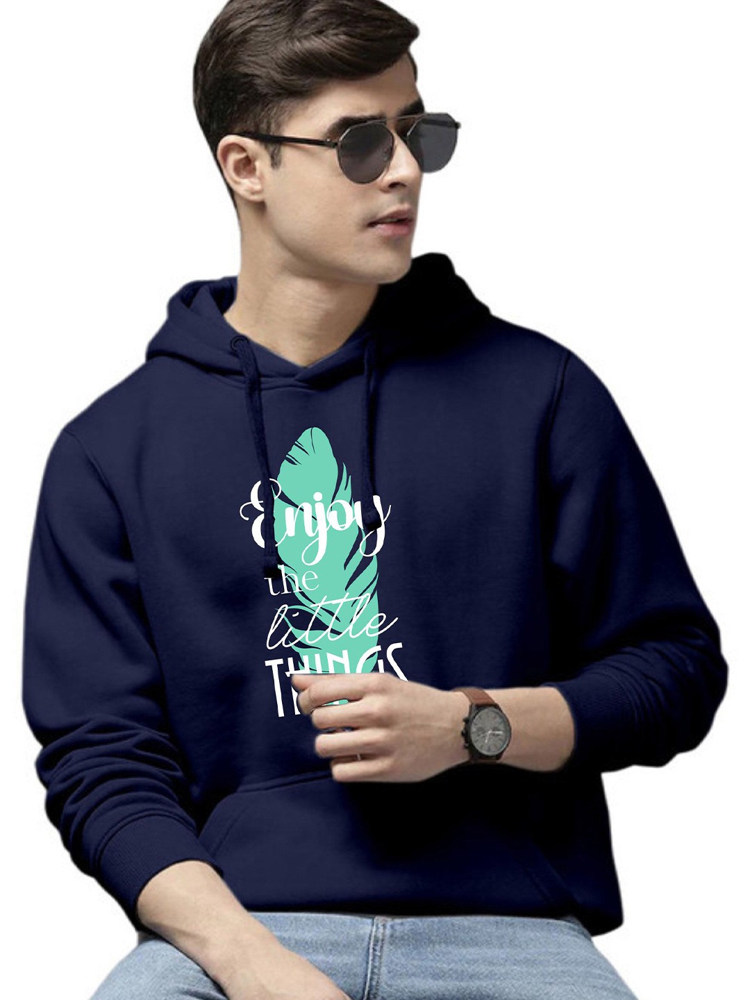 

WOOSTRO Men Printed Hooded Sweatshirt, Navy blue