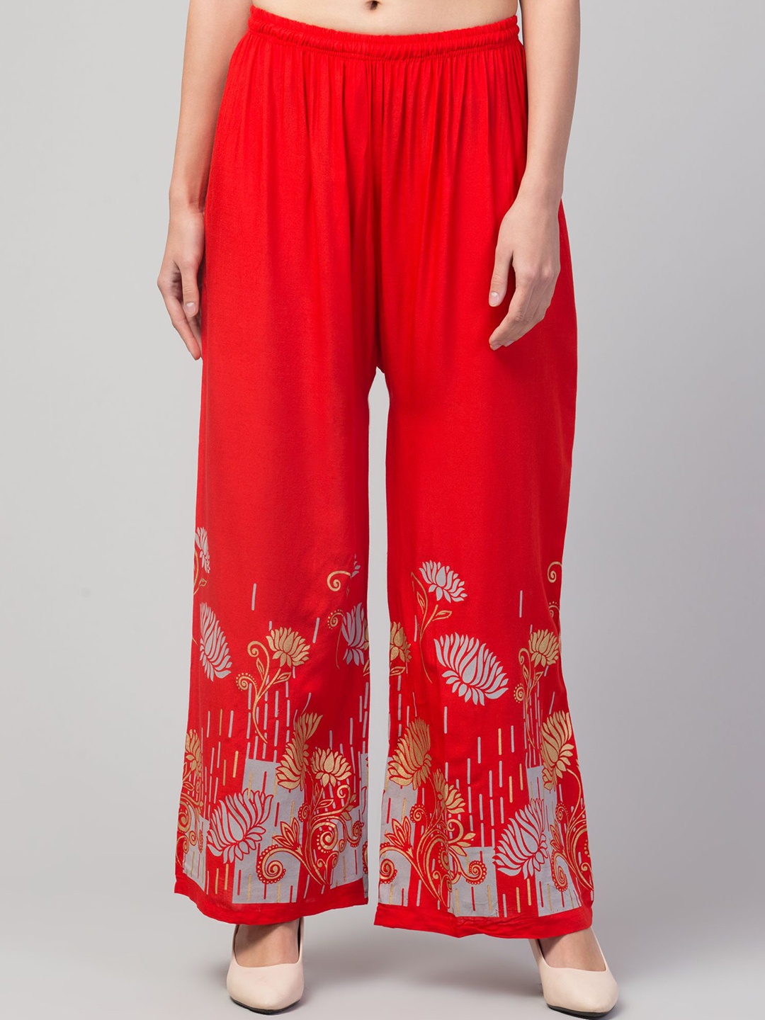 

STYLE PREZONE Women Floral Hem Design Slip On Palazzos, Red
