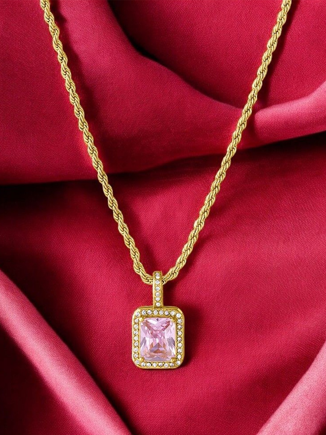 

PALMONAS 18K Gold-Plated Emerald & Cubic Zirconia Studded Geometric Pendant With Chain