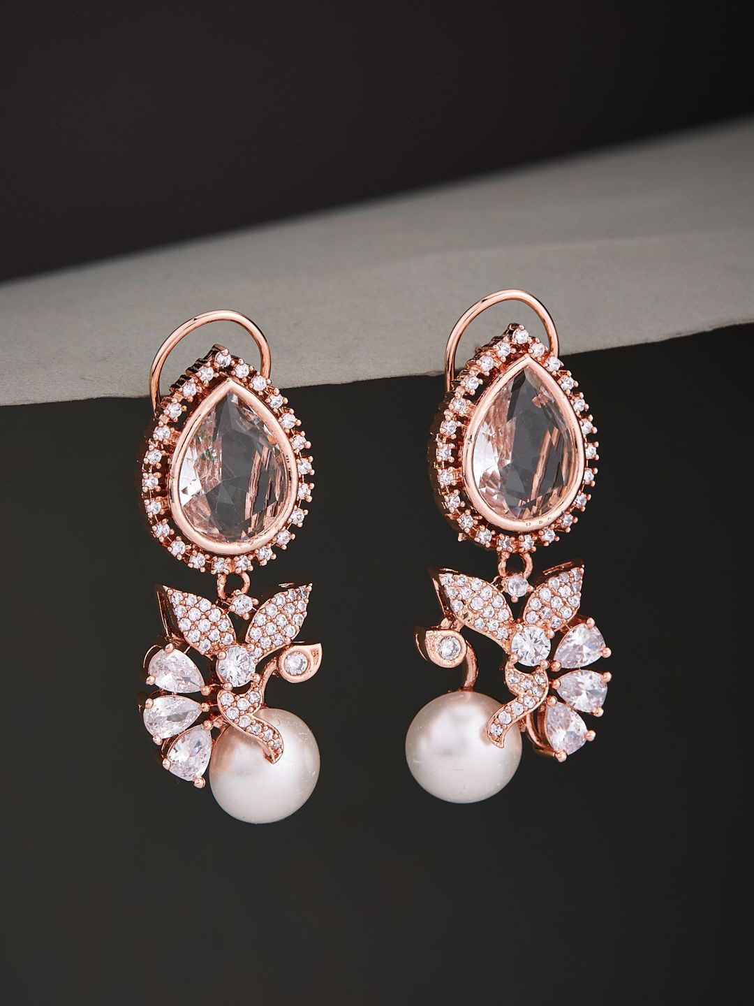 

Atibelle gold plated & white kundan stone studded Floral shaped drop Earrings, Rose gold