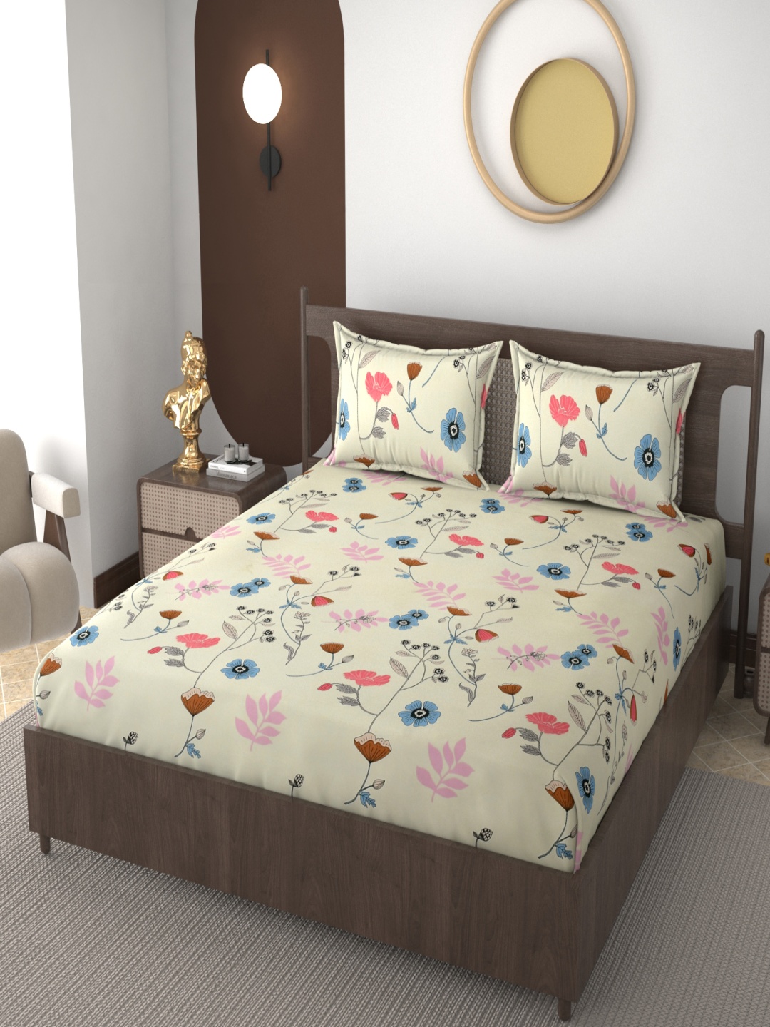 

VOMZER Cream And Pink Floral Printed 210 TC Cotton King Bedsheet Set-1.98 m x 1.83