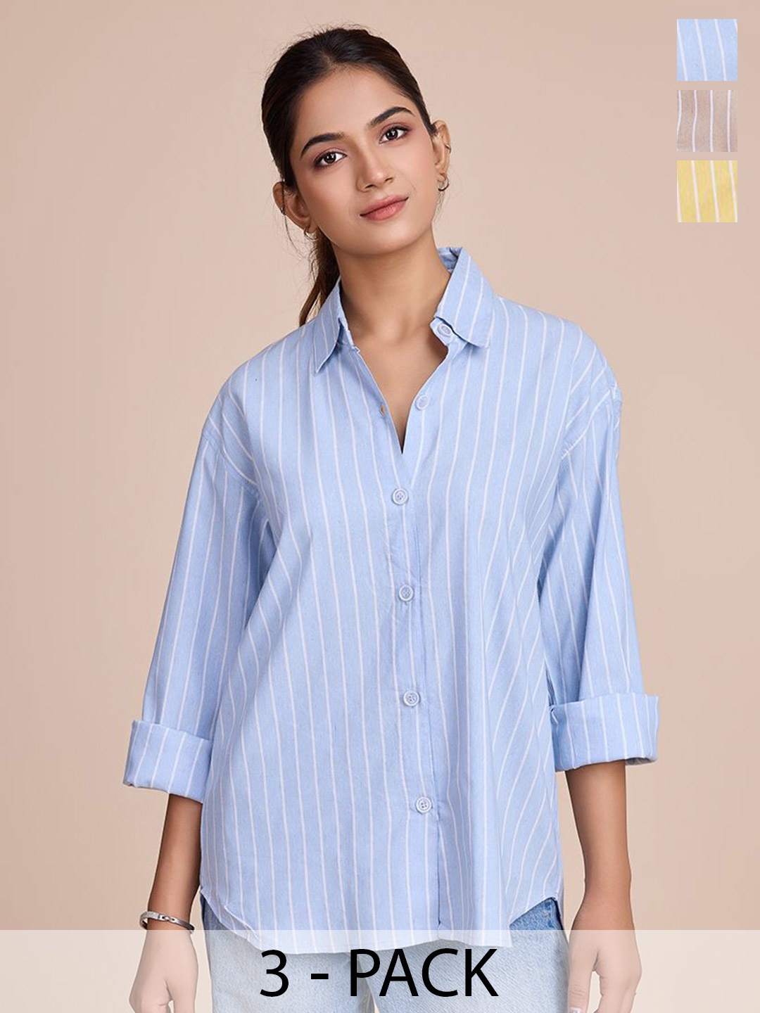 

HOUSE OF MIRA Women Pack Of 3 Classic Oversized Fit Vertical Striped Cotton Casual Shirts, Blue