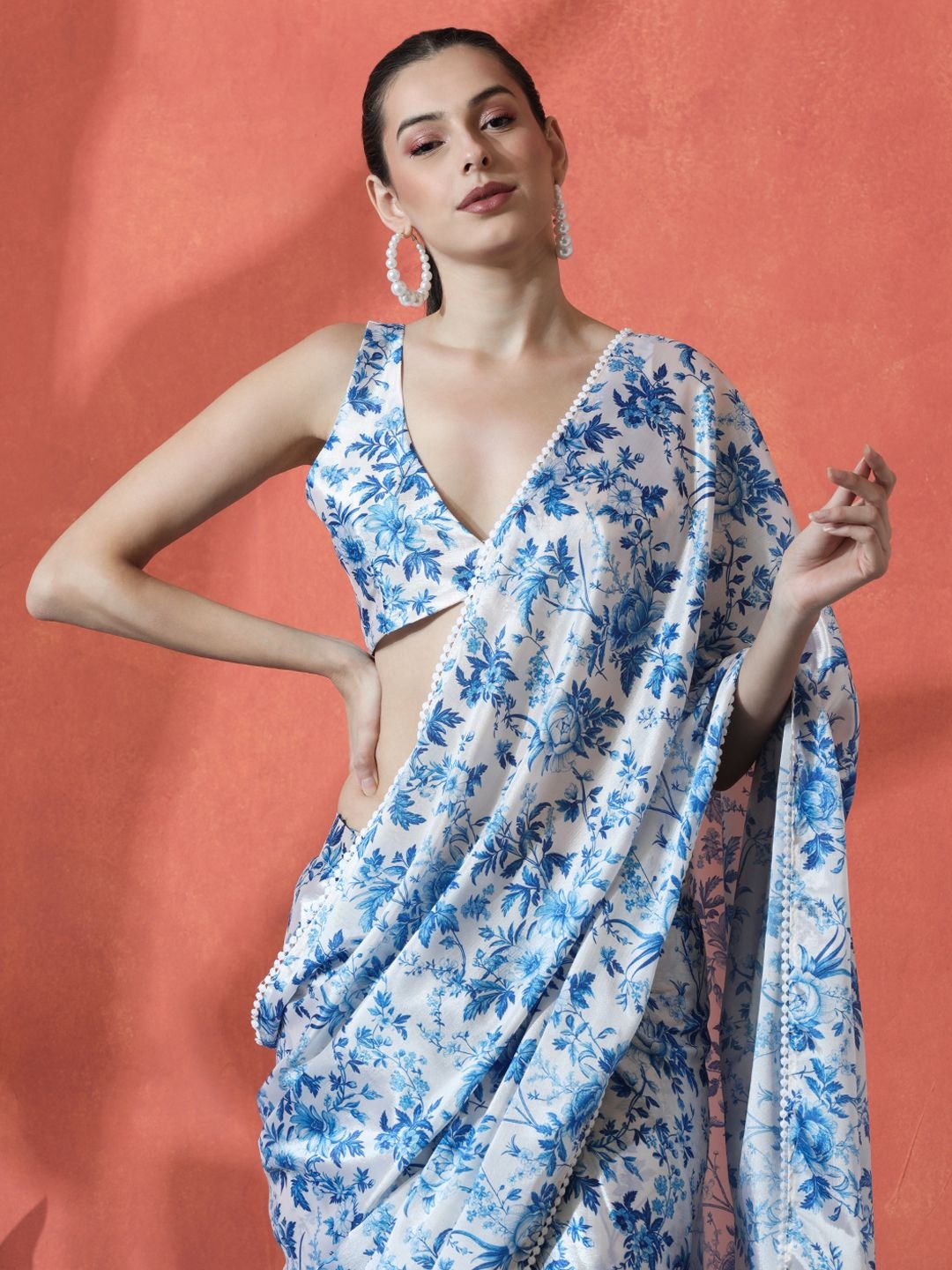 

Sangria Ready to wear Satin Floral Digital Printed Saree, Blue