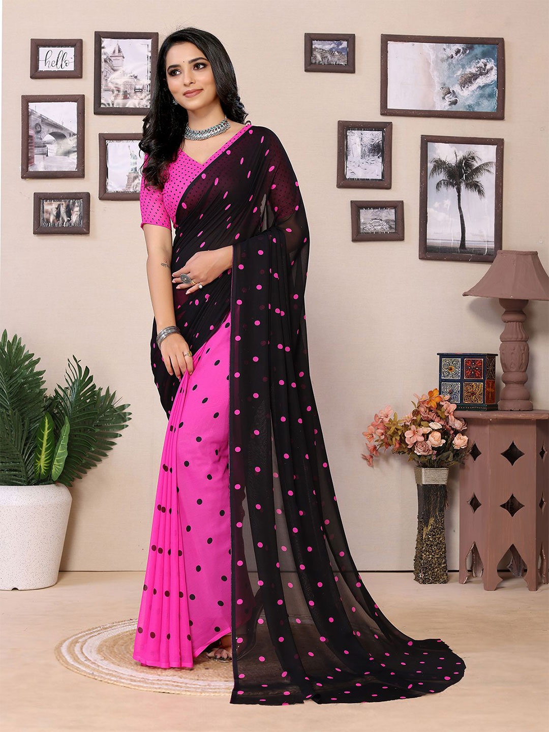 

Moda Rapido Polka Dots Printed Half and Half Saree, Pink