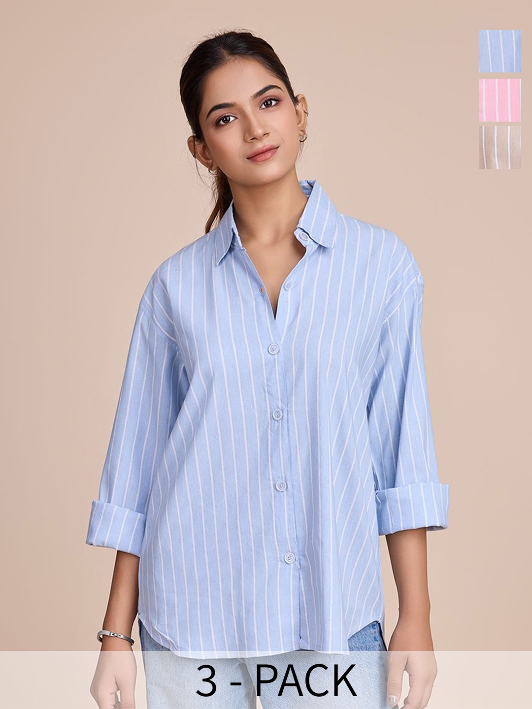 

HOUSE OF MIRA Women Pack Of 3 Classic Oversized Fit Vertical Striped Cotton Casual Shirts, Blue