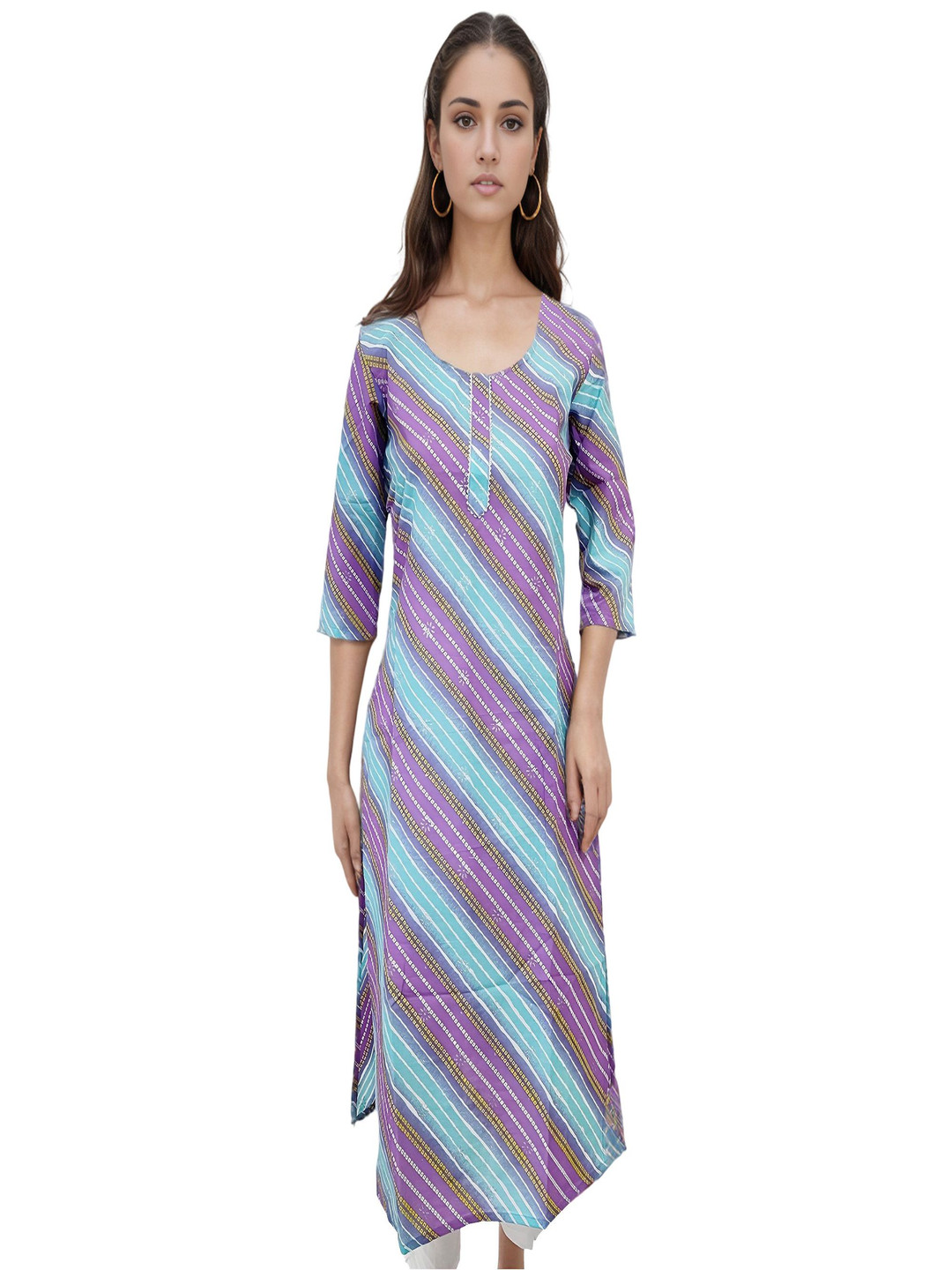 

RAYINVENT Ethnic Motifs Printed Round Neck Gotta Patti Pure Cotton Straight Kurtas, Blue