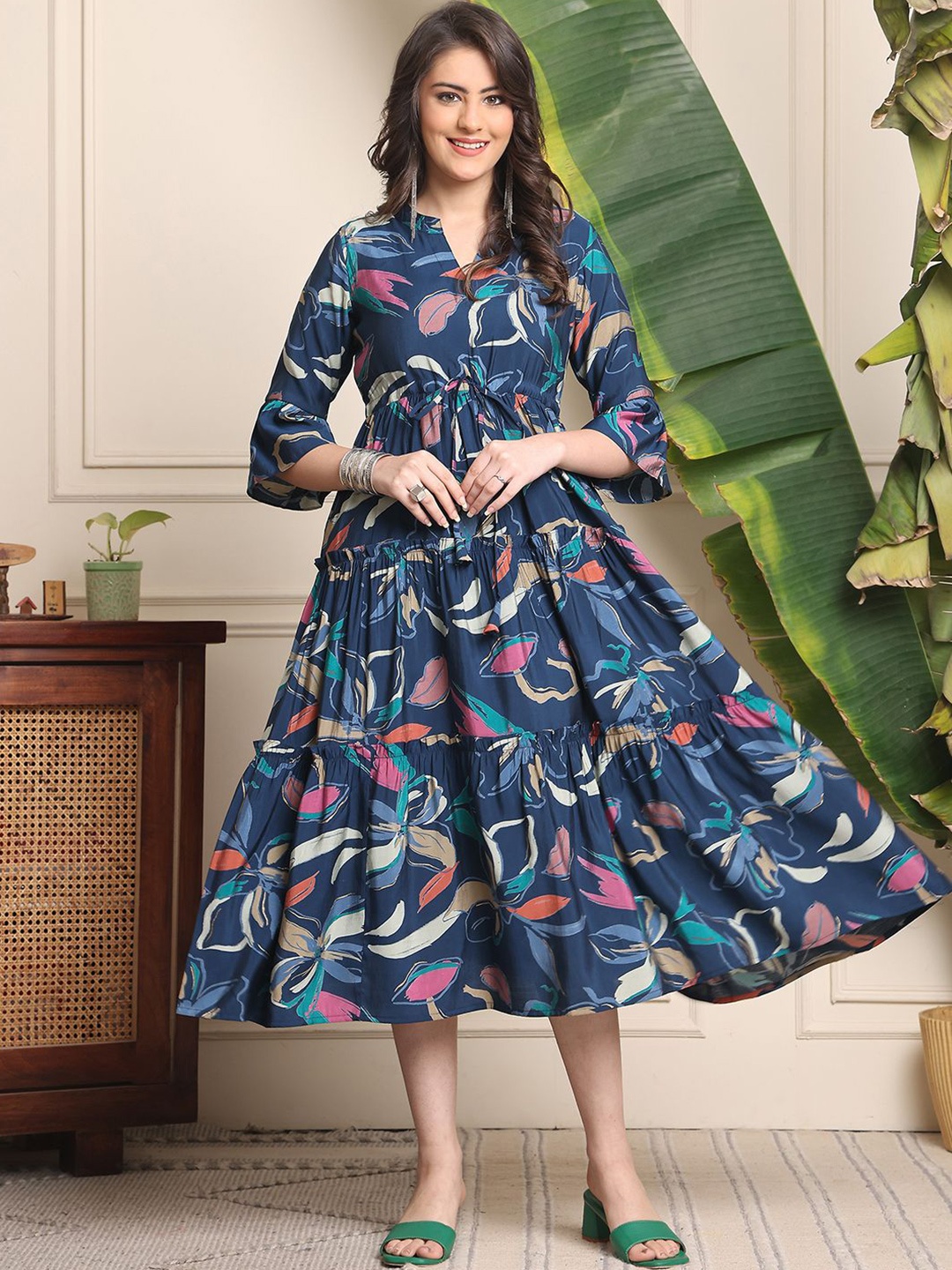 

Claura Printed Tiered Fit & Flare Midi Dress, Navy blue