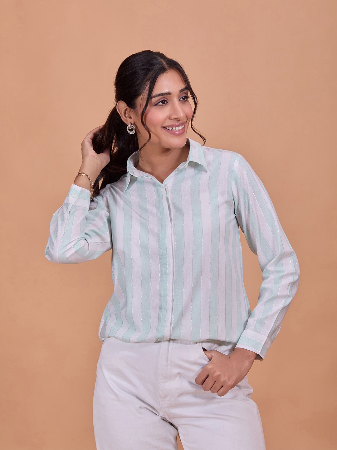 

Murcia Women Relaxed Fit Spread Collar Vertical Striped Casual Shirt, Sea green