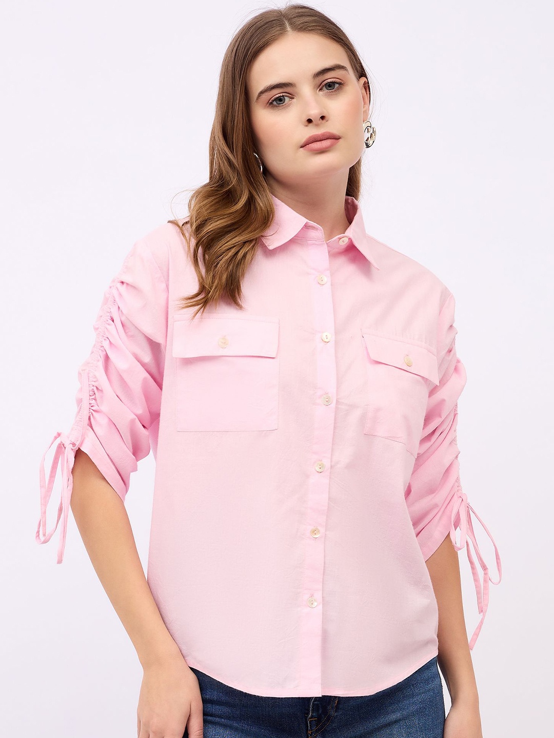 

Styli Women Oversized Fit Spread Collar Solid Cotton Casual Shirt, Pink