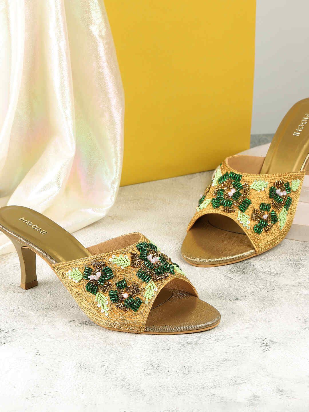 

Mochi Embellished Suede Slim Heel Sandals, Gold