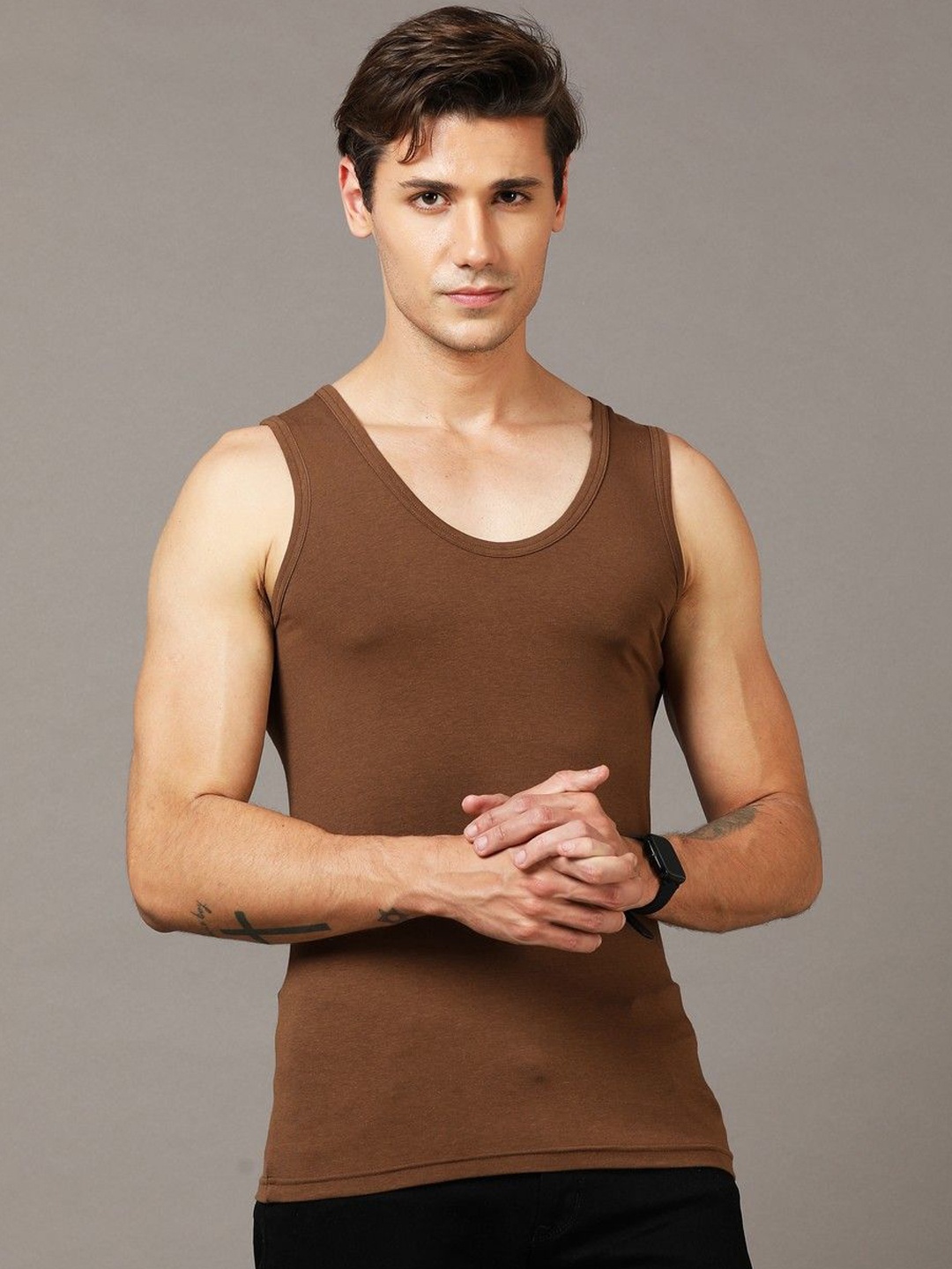 

NEVER NEUD Men Stretchable & Anti Bacterial Round Neck Innerwear Vests NN04-M2004-L, Brown