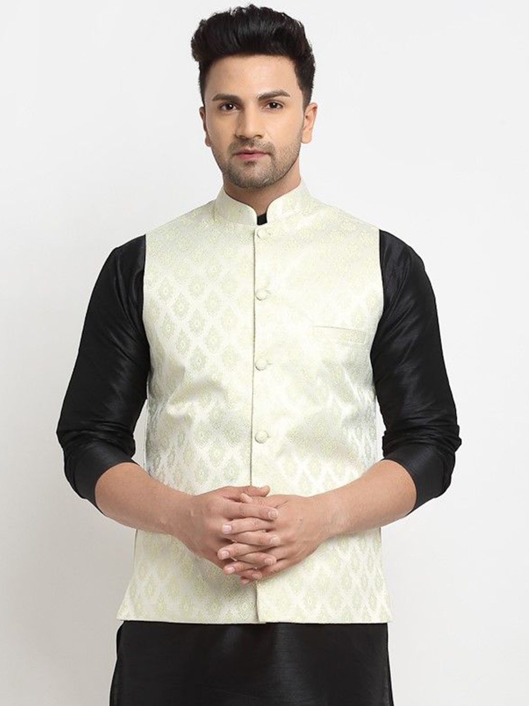 

Kaifoo Men Woven Design Nehru Jacket, Cream