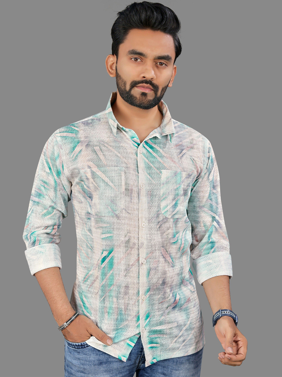 

IKON FASHION Men Relaxed Fit Spread Collar Textured Casual Shirt, Turquoise blue